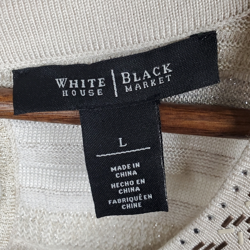 WHITE HOUSE BLACK MARKET Sleeveless Knit Tank Top Beige Crochet Neck Boho Stripe - Picture 6 of 10